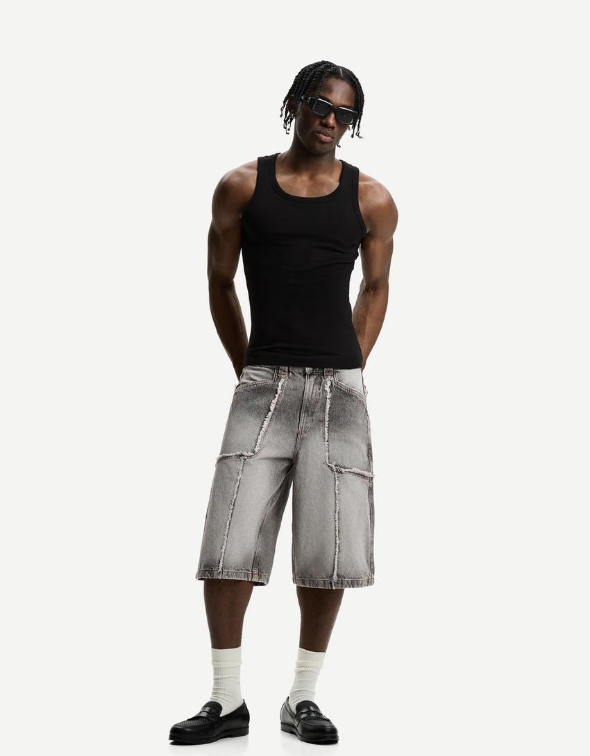 Original Bershka Bermuda baggy denim franges - Image 3