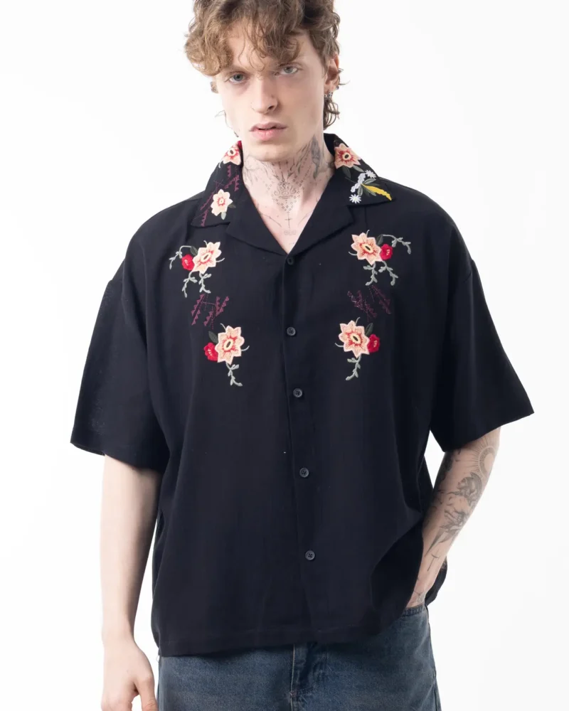 TheDAD Floral Embroidery Boxy Linen Shirt