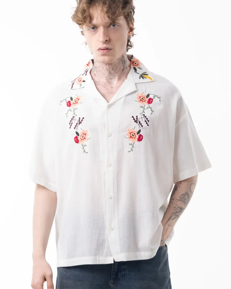 TheDAD Floral Embroidery Boxy Linen Shirt
