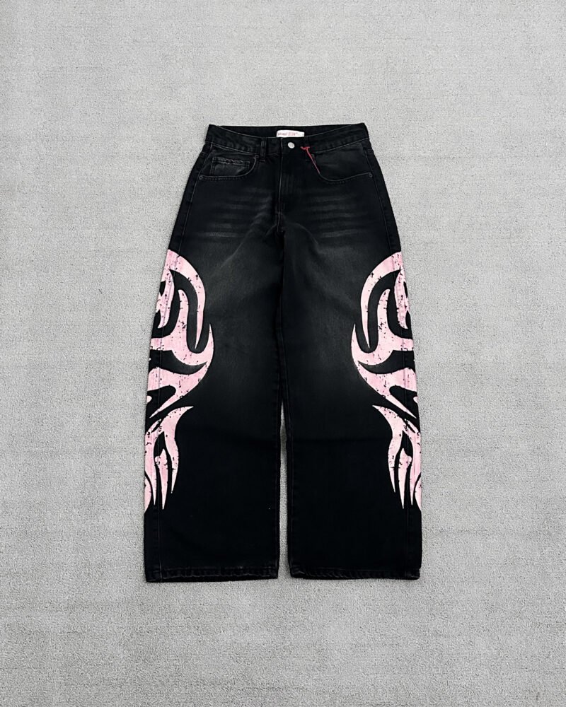High-Waisted Tribal Graphic Print Baggy Jeans
