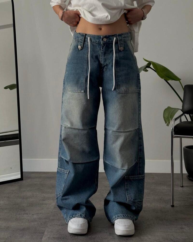 High-Waisted Drawstring Detail Washed Retro Baggy Jeans