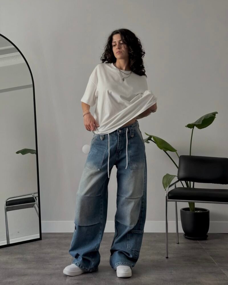 High-Waisted Drawstring Detail Washed Retro Baggy Jeans