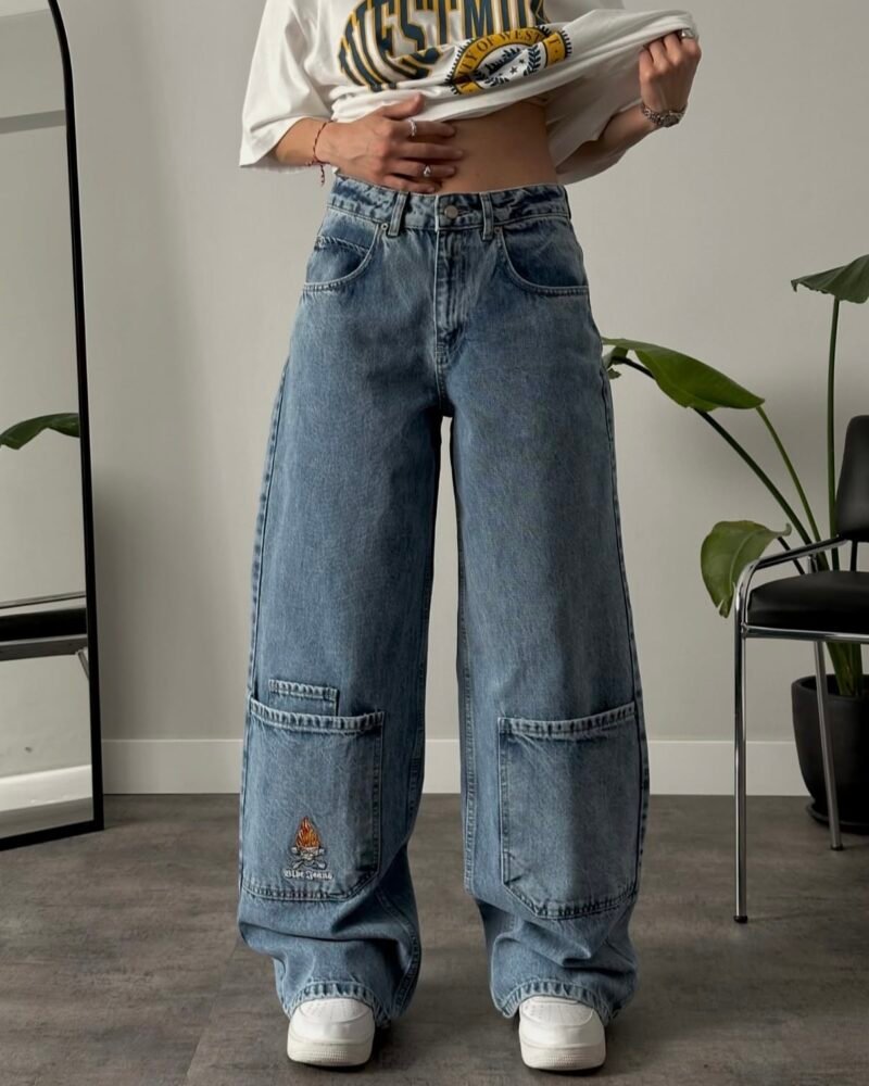 High Waist Flame Skull Embroidered Super Baggy Jeans