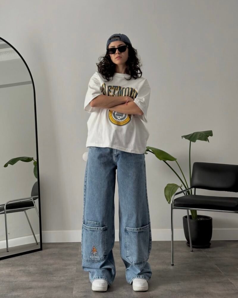 High Waist Flame Skull Embroidered Super Baggy Jeans