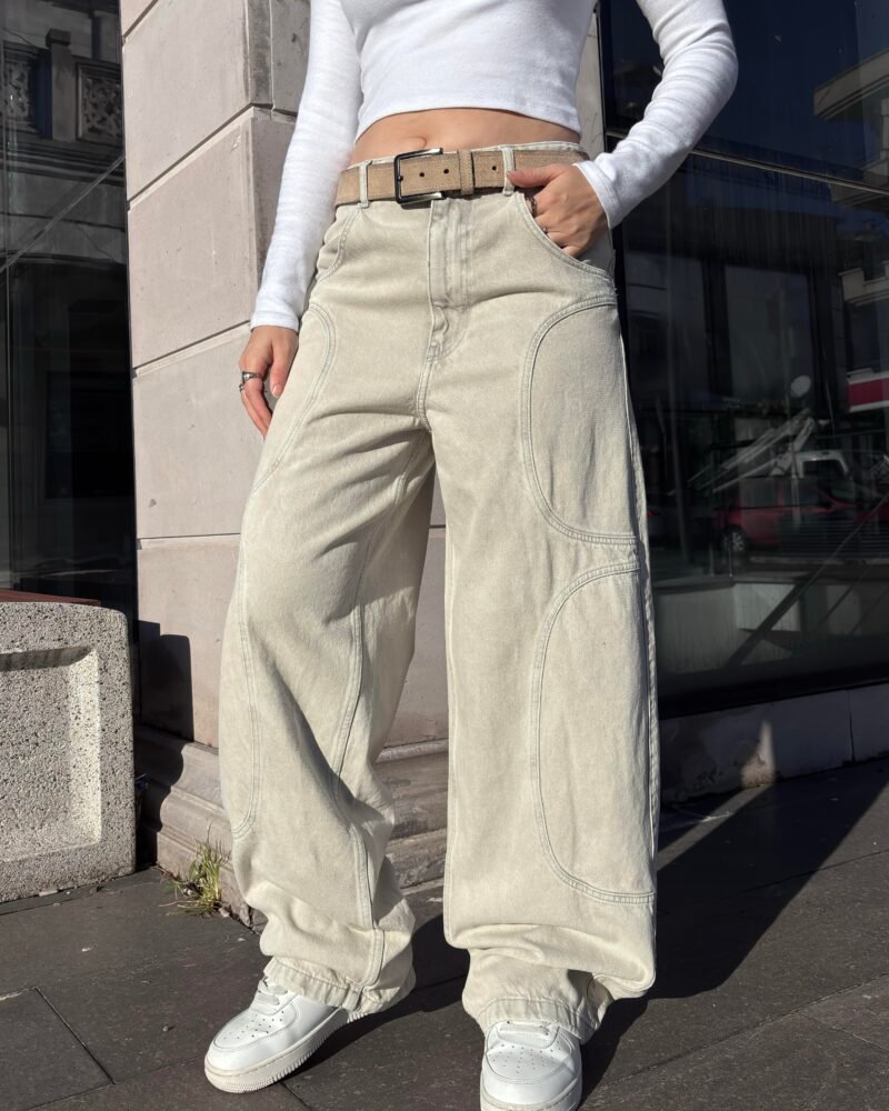Original Bershka Grey-Cream Embroidered  Jeans
