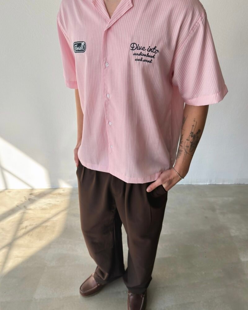 Embroidered striped short-sleeve shirt