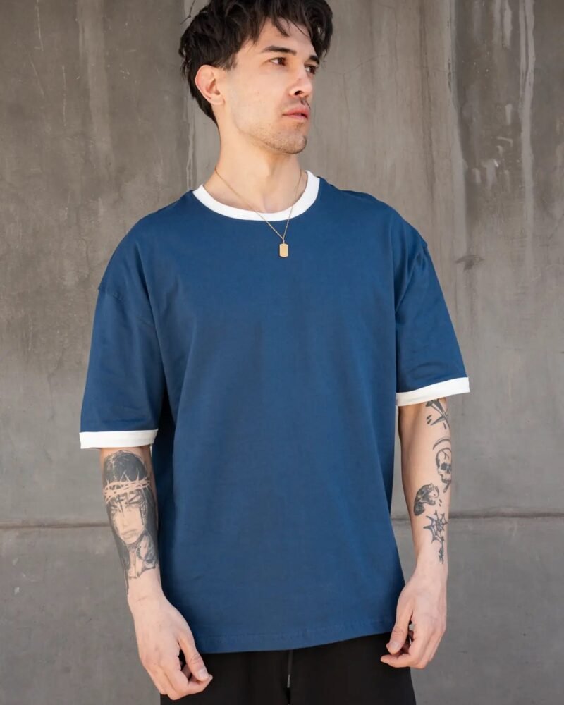 Blue Ringer T-Shirt with Contrast White Ribbing