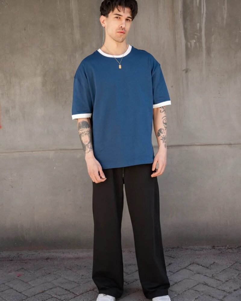 Blue Ringer T-Shirt with Contrast White Ribbing