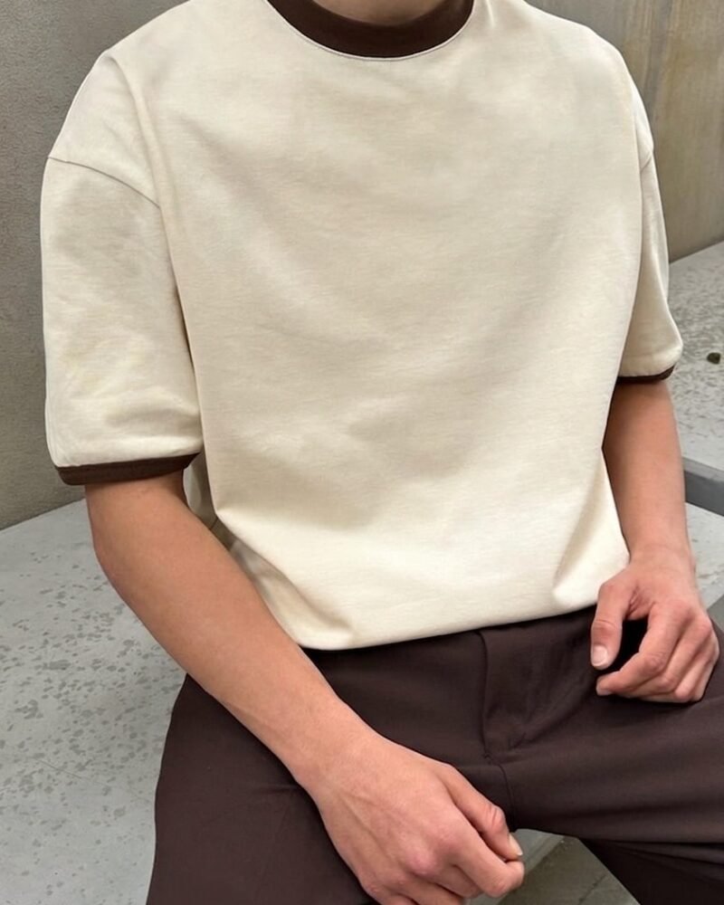 Cream Ringer T-Shirt with Contrast Brown Ribbing
