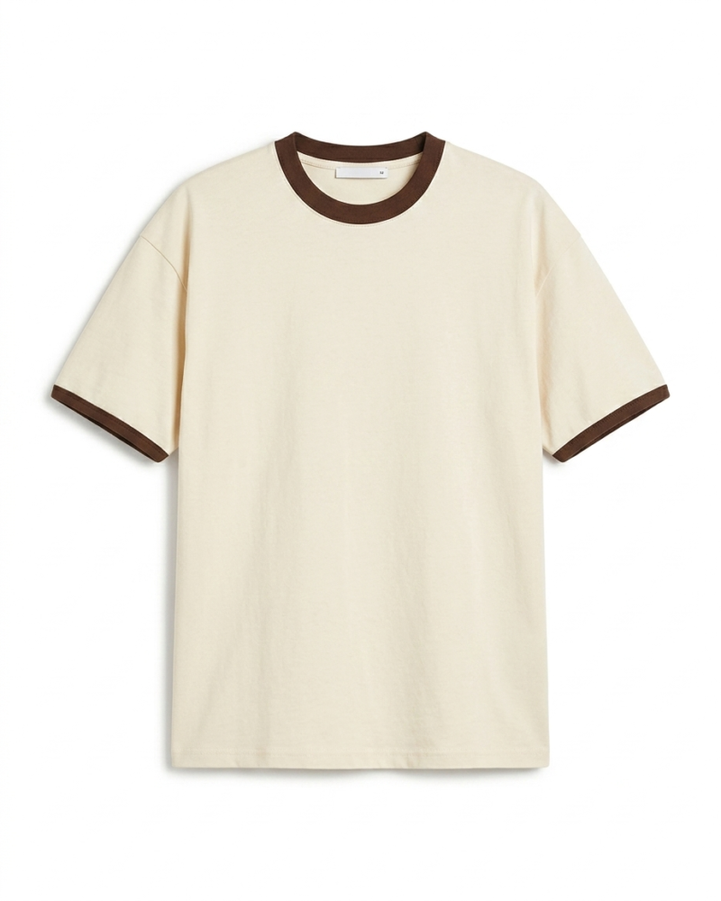 Cream Ringer T-Shirt with Contrast Brown Ribbing