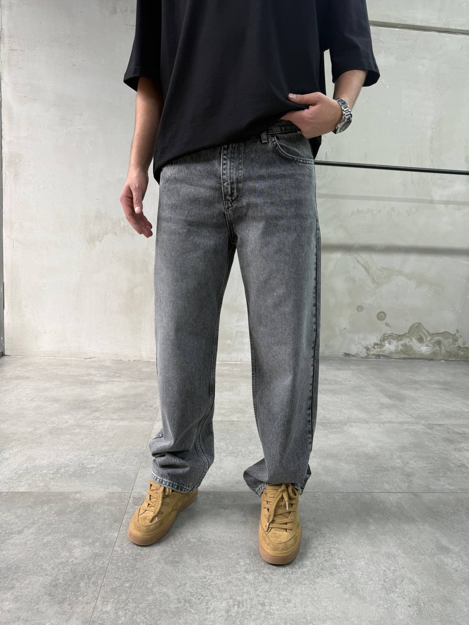 Dark Grey Red Point Baggy Fit Jeans