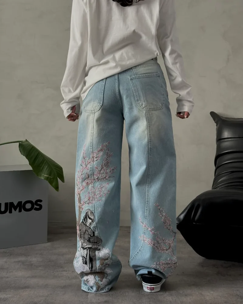 Sakura Embroidery Baggy Fit Jeans