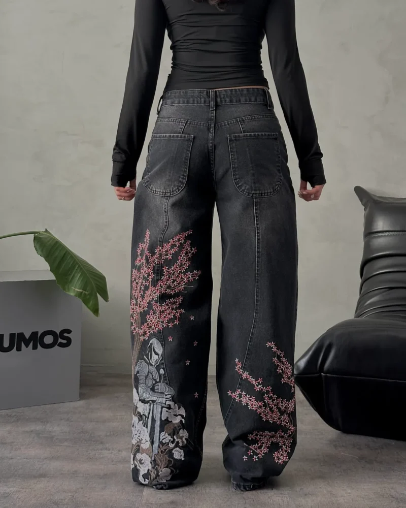 High-Waisted Premium Baggy Jeans with Sakura Embroidery