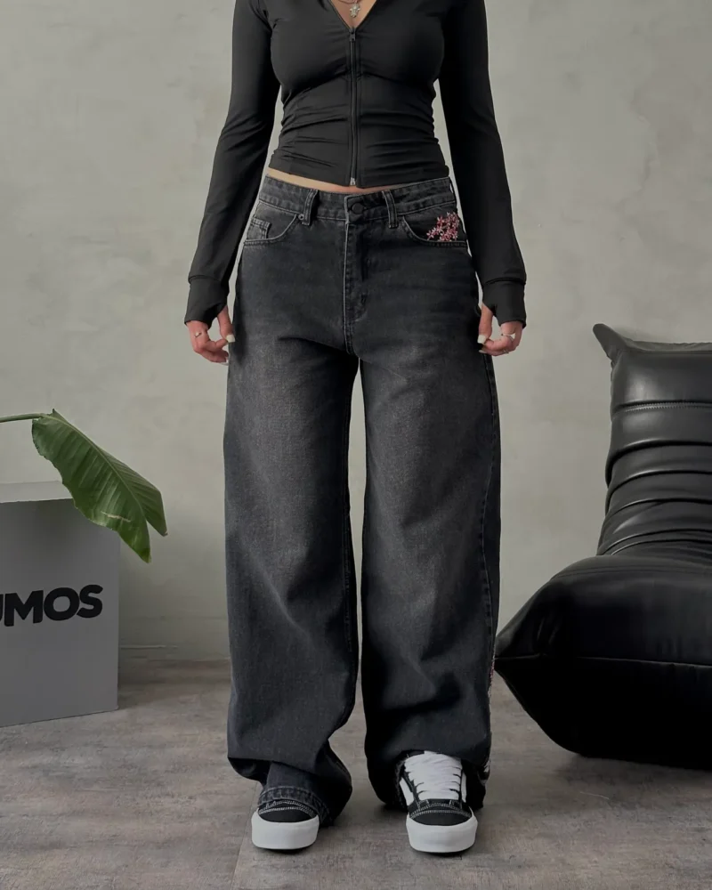 High-Waisted Premium Baggy Jeans with Sakura Embroidery