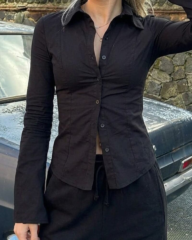 Black Slim Fit Spanish Sleeve Poplin Y2K Shirt