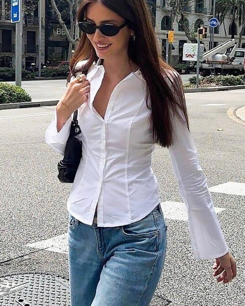 White Slim Fit Spanish Sleeve Poplin Y2K Shirt