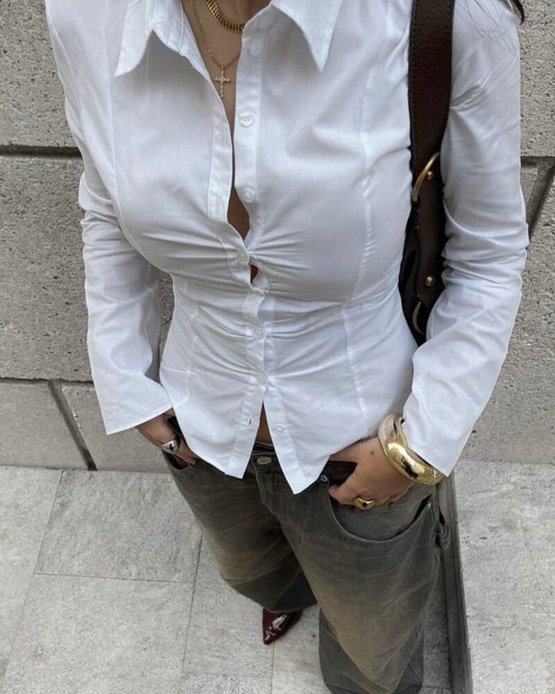 White Slim Fit Spanish Sleeve Poplin Y2K Shirt