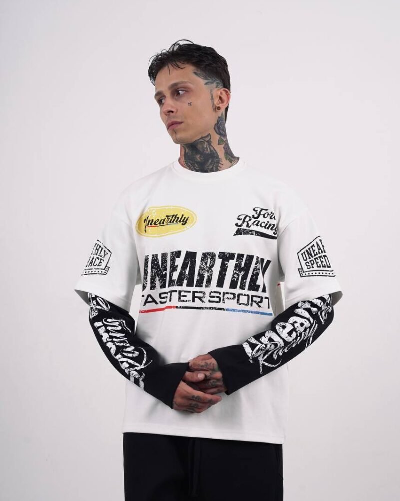 White Racing Long Sleeve Oversized T-Shirt