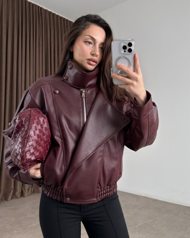 High Collar Claret Croco Leather Jacket