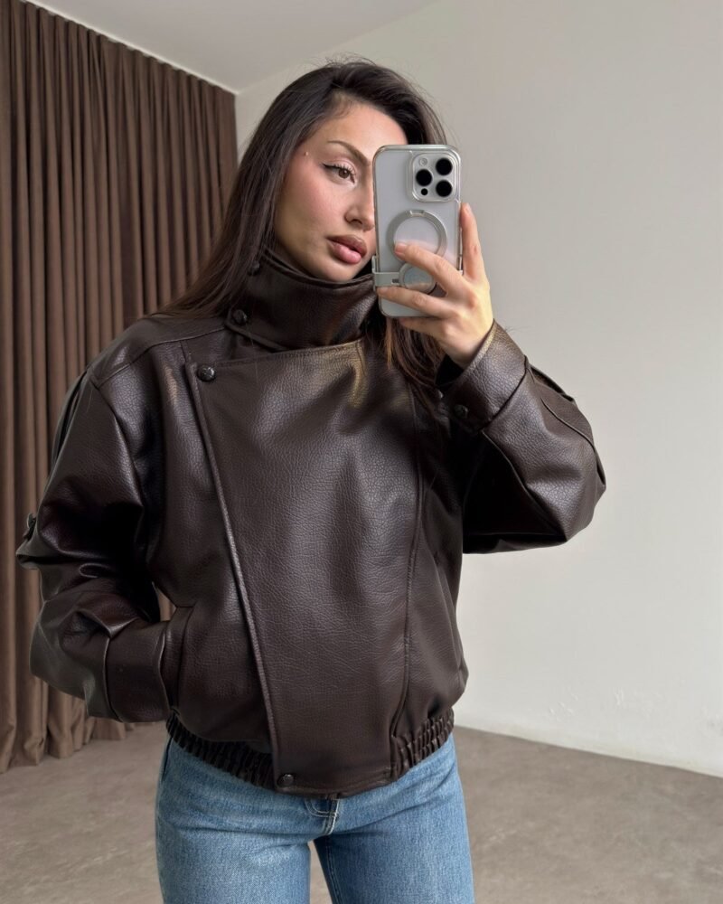 High Collar Claret Croco Leather Jacket