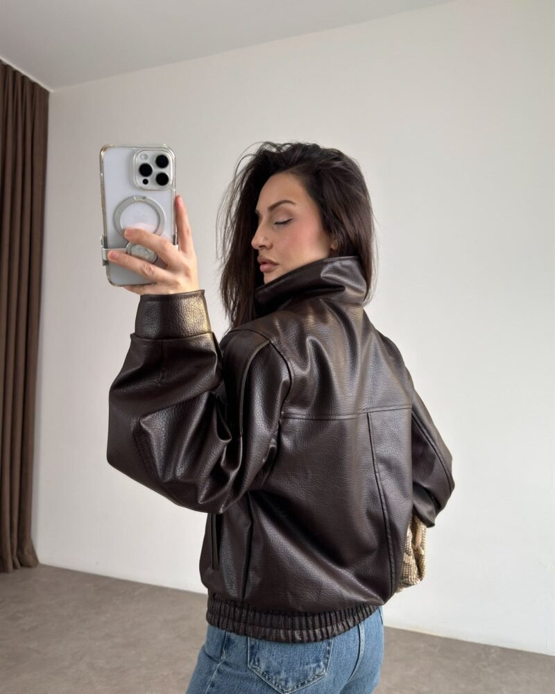 High Collar Claret Croco Leather Jacket