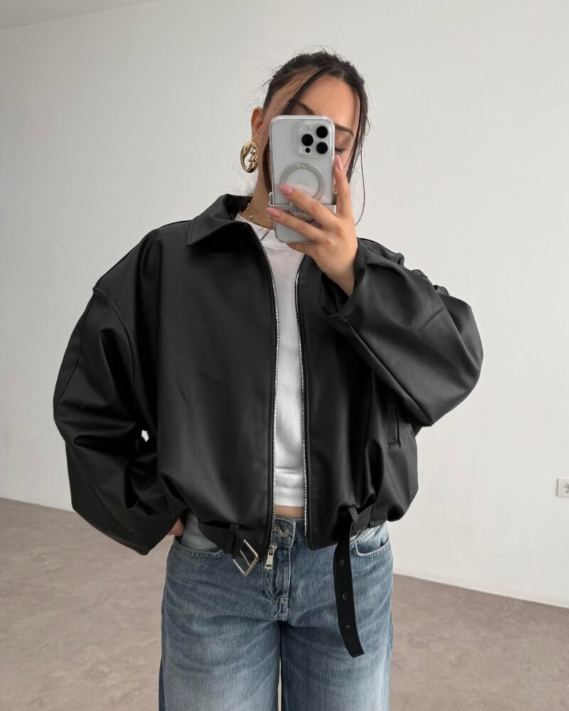 Leather Bomber Jacket with Belted Collar Detail