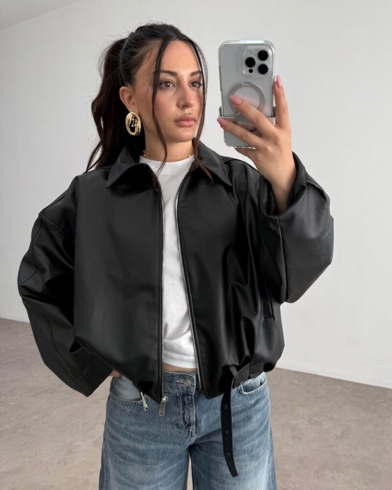 Leather Bomber Jacket with Belted Collar Detail