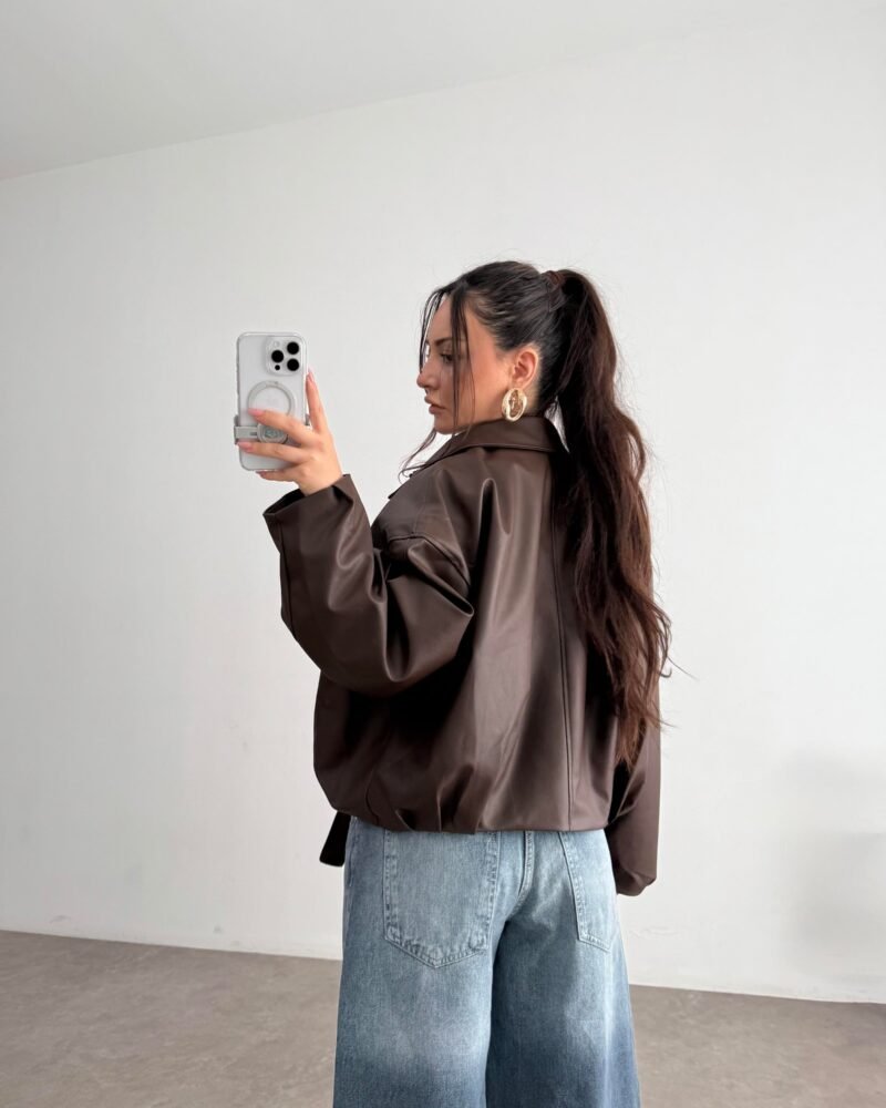 Leather Bomber Jacket with Belted Collar Detail