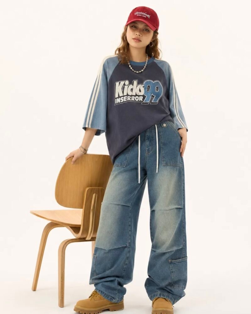 Drawstring Detail Washed Retro Baggy Jeans