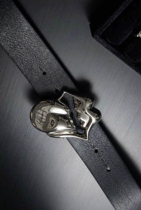 Black Silver Lips Gothic Leather Belt