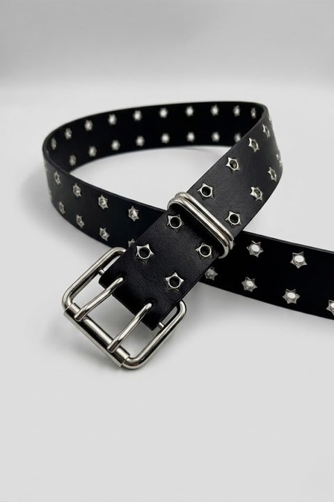 Black Gothic Leather Belt with Star Cutouts and Double Buckle