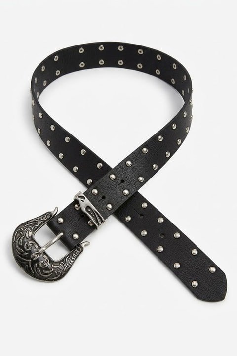 Black Retro Western Studded Leather Belt