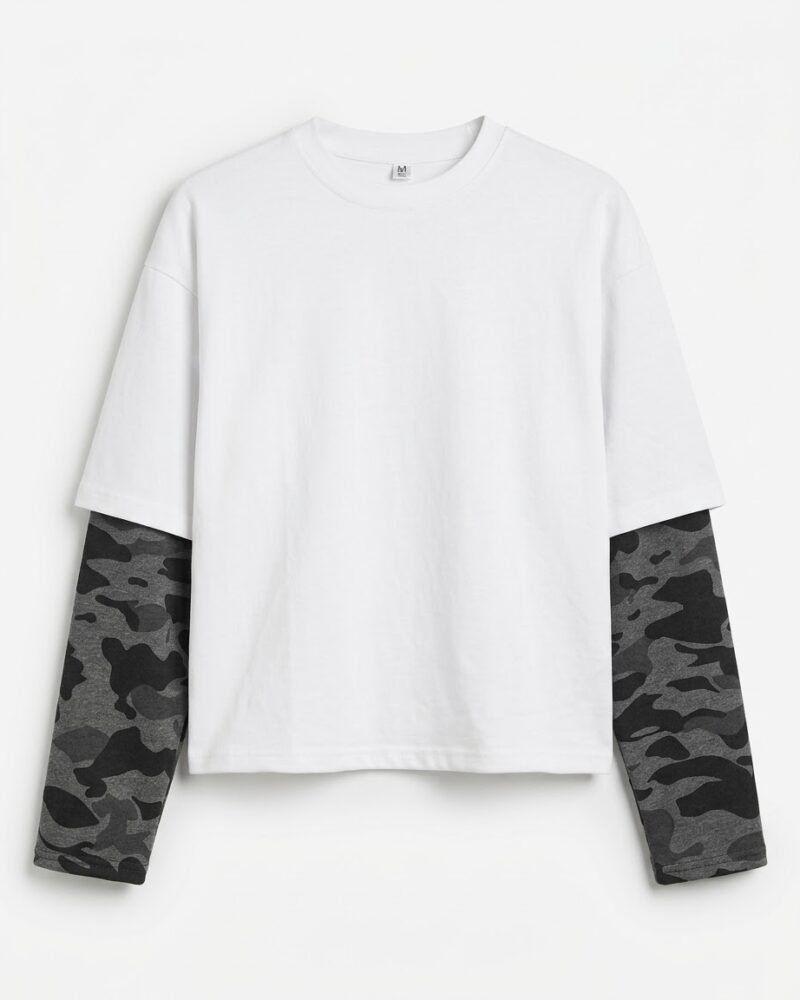 Cropped T-Shirt with Layered Dark Camo Sleeves