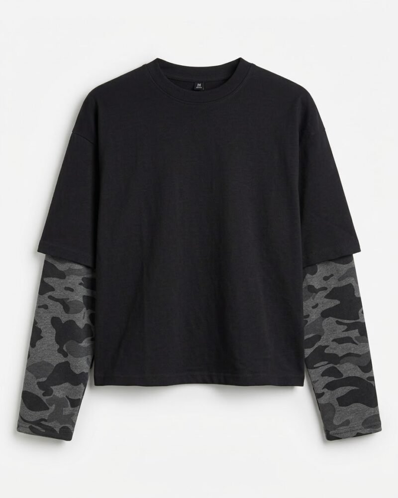 Cropped T-Shirt with Layered Dark Camo Sleeves