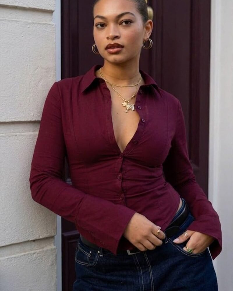 Burgundy Slim-Fit Poplin Y2K Shirt with Flared Sleeves
