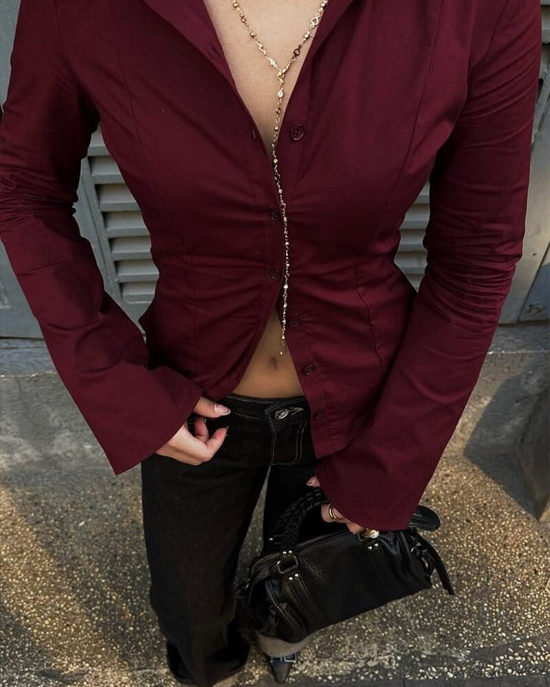 Burgundy Slim-Fit Poplin Y2K Shirt with Flared Sleeves