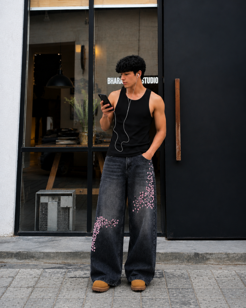 Black Super Baggy Sakura Embroidery